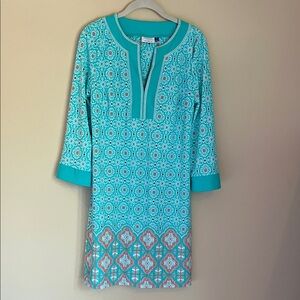 Talbots Aqua and White Patterned Long Sleeve Dress